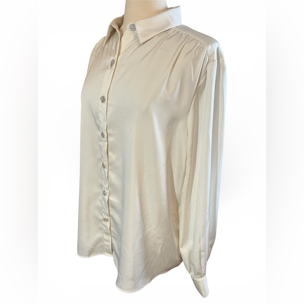 Express Cream Satin Look & Feel Button-Down Shirt w/Rhinestone buttons XL TL - Picture 5 of 13
